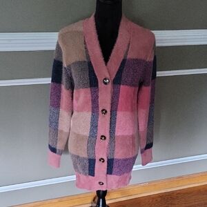Ann Taylor Pink and Blue Plaid Cardigan Size XXS